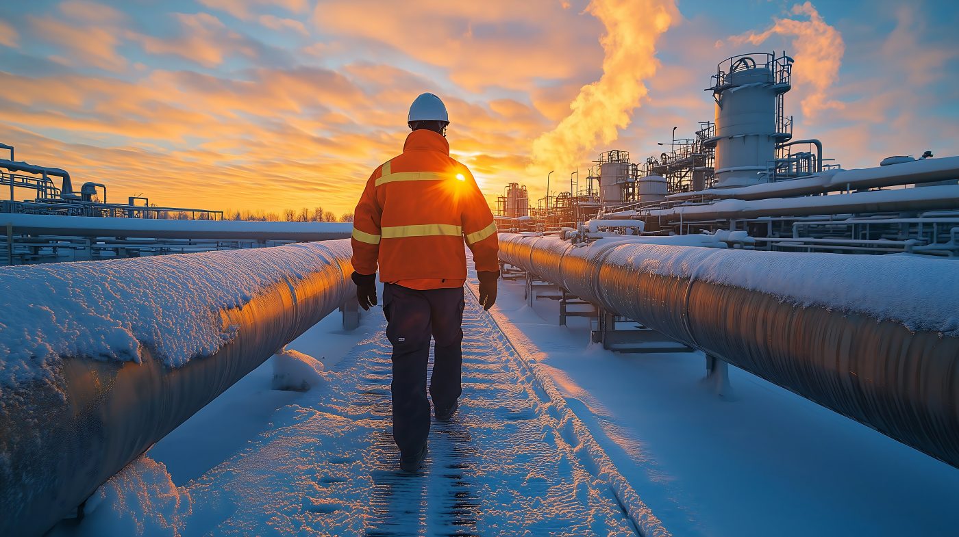 A worker in uniform walks along the gas pipeline at an oil and natural gas tank plant, against the background of large metal pipes on a sunny winter day